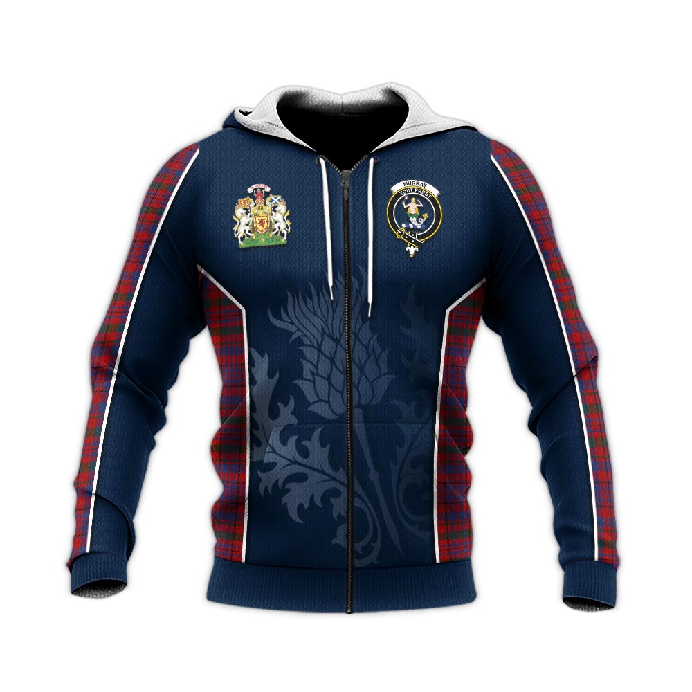 Tartan Vibes Clothing Murray of Tullibardine Tartan Knitted Hoodie with Family Crest and Scottish Thistle Vibes Sport Style