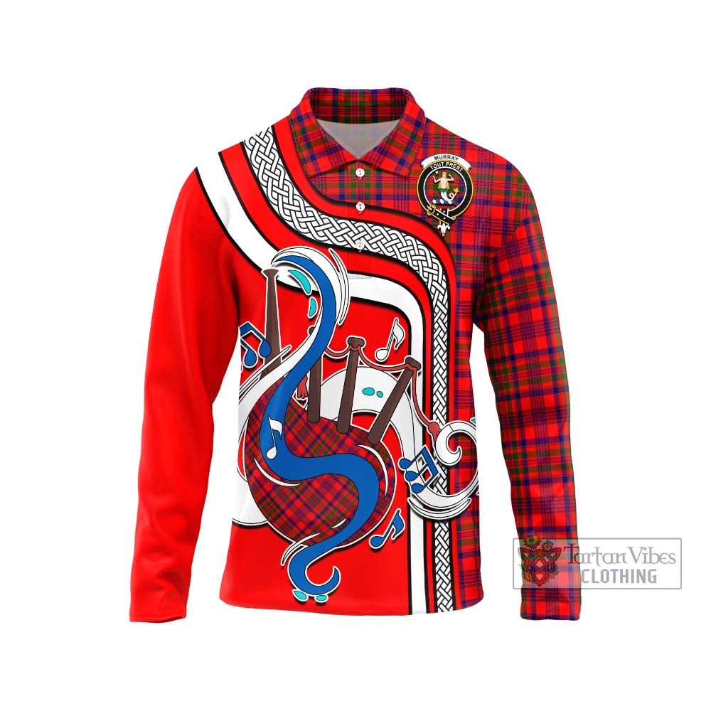 Tartan Vibes Clothing Murray of Tulloch Modern Tartan Long Sleeve Polo Shirt with Epic Bagpipe Style