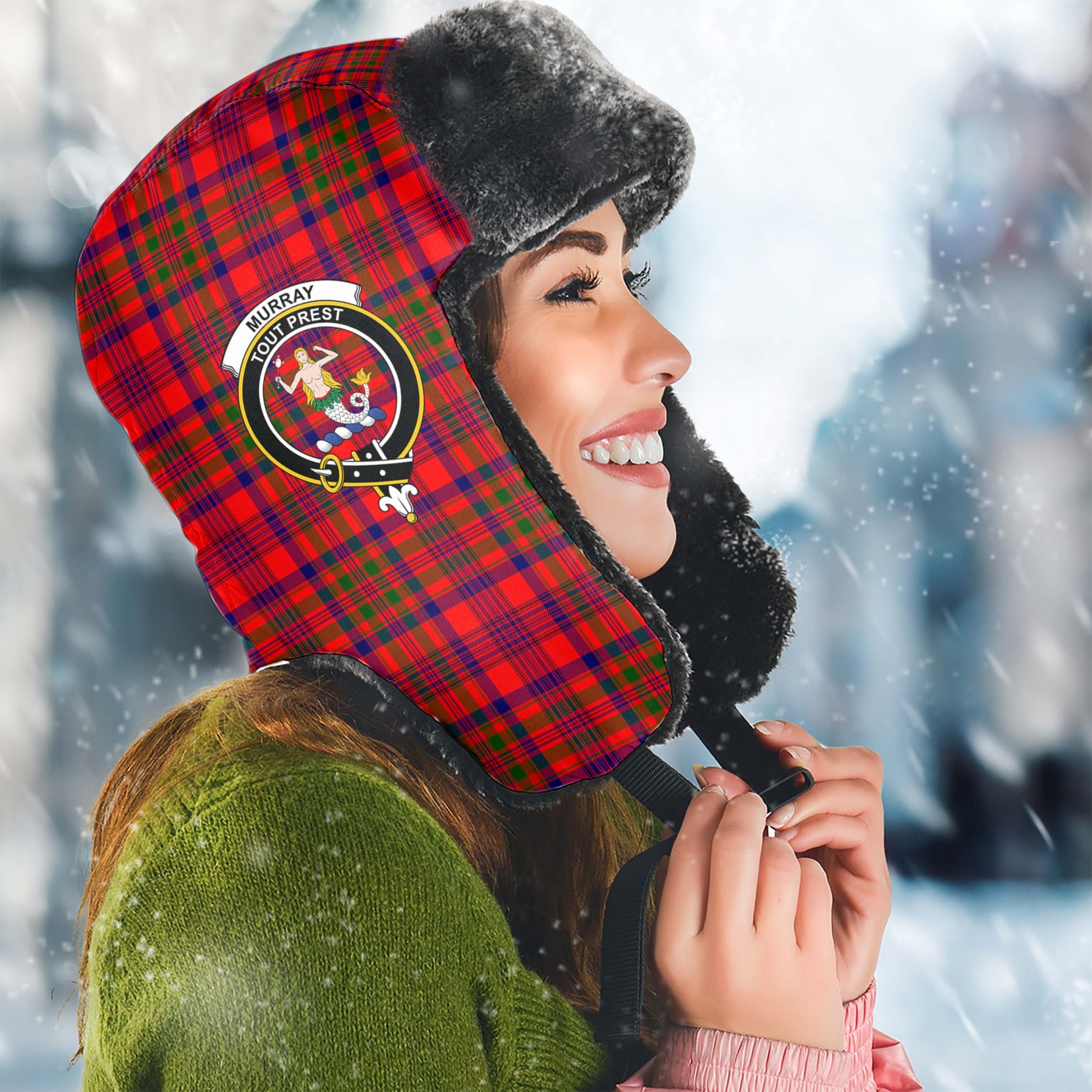 Murray of Tulloch Modern Tartan Winter Trapper Hat with Family Crest Winter Trapper Hat Universal Fit Circumference 22.8in (58cm) - Tartanvibesclothing