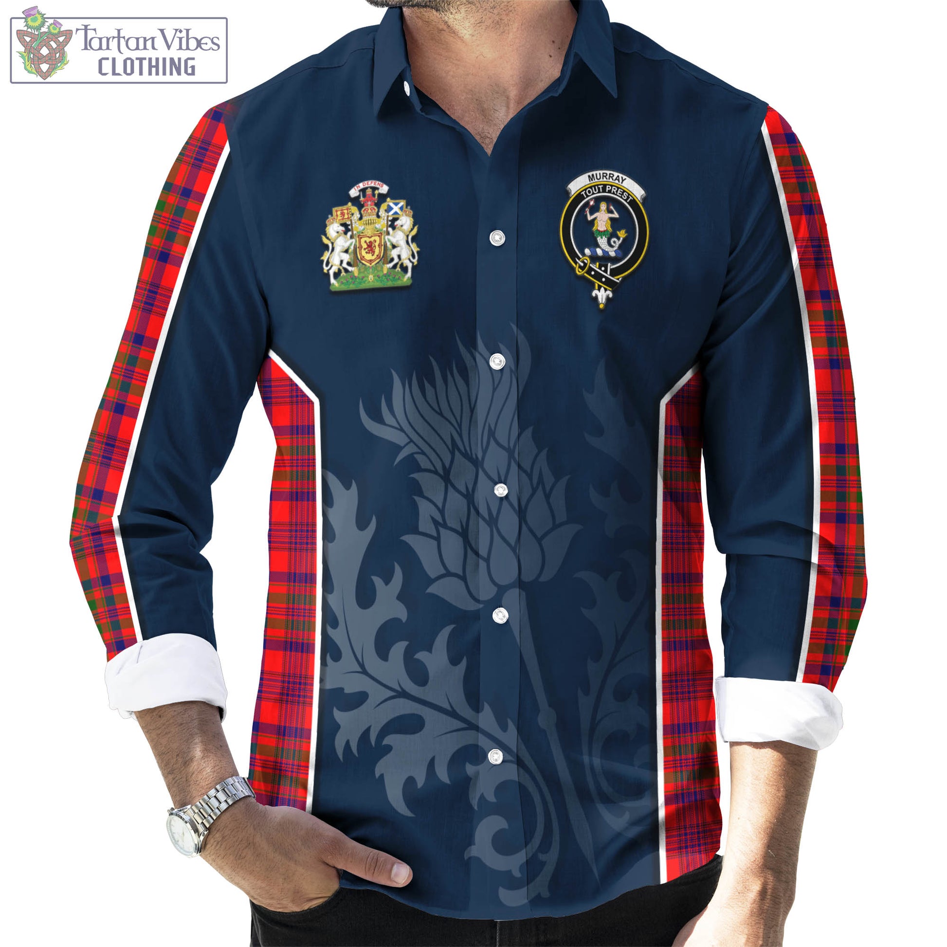 Tartan Vibes Clothing Murray of Tulloch Modern Tartan Long Sleeve Button Up Shirt with Family Crest and Scottish Thistle Vibes Sport Style