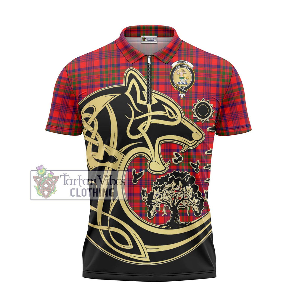 Murray of Tulloch Modern Tartan Zipper Polo Shirt with Family Crest Celtic Wolf Style - Tartanvibesclothing Shop