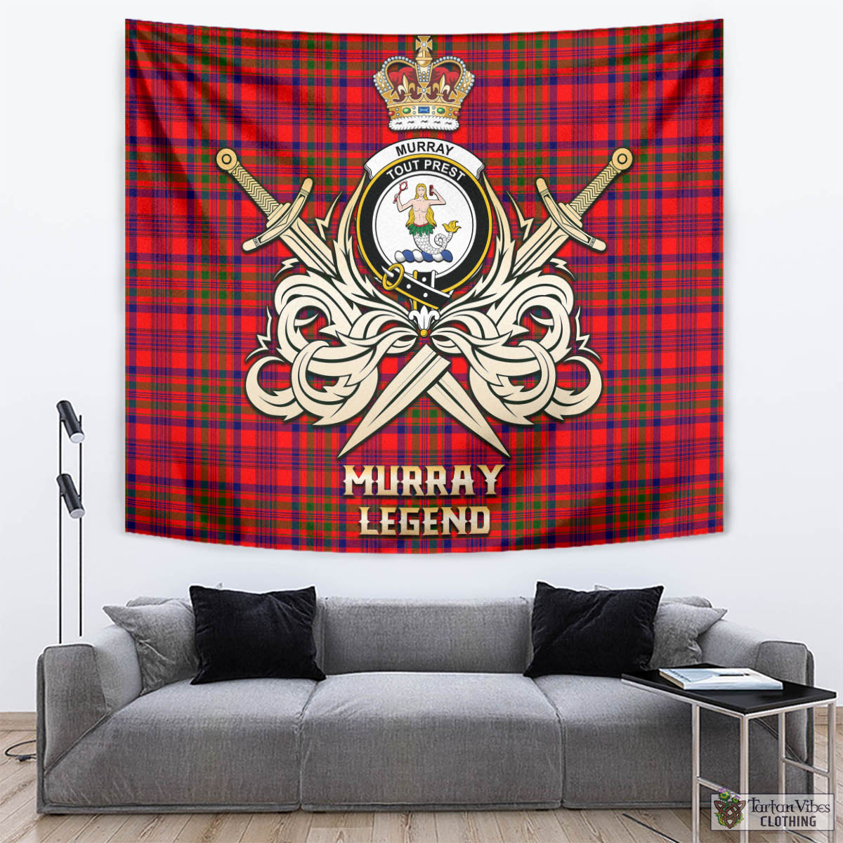 Tartan Vibes Clothing Murray of Tulloch Modern Tartan Tapestry with Clan Crest and the Golden Sword of Courageous Legacy