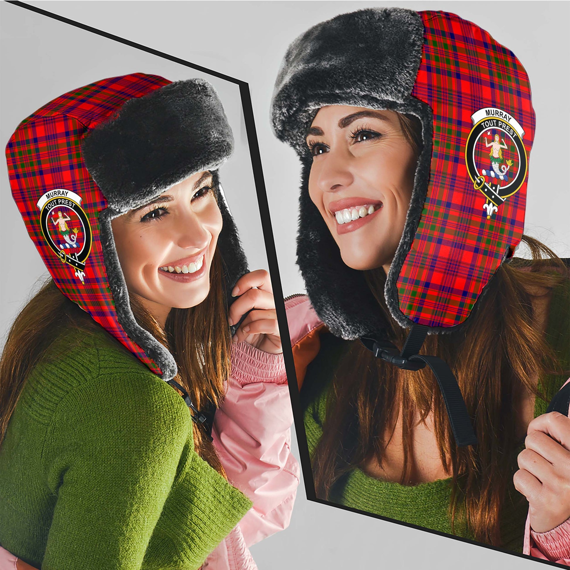 Murray of Tulloch Modern Tartan Winter Trapper Hat with Family Crest - Tartanvibesclothing