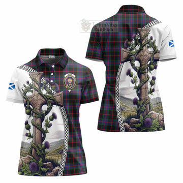 Nairn Tartan Women's Polo Shirt with Family Crest and St. Andrew's Cross Accented by Thistle Vines