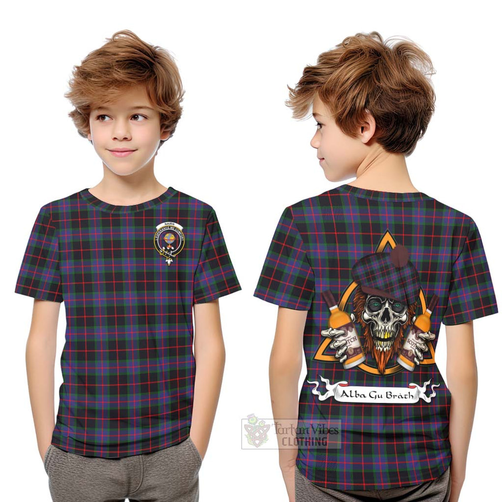 Tartan Vibes Clothing Nairn Tartan Kid T-Shirt with Family Crest and Bearded Skull Holding Bottles of Whiskey