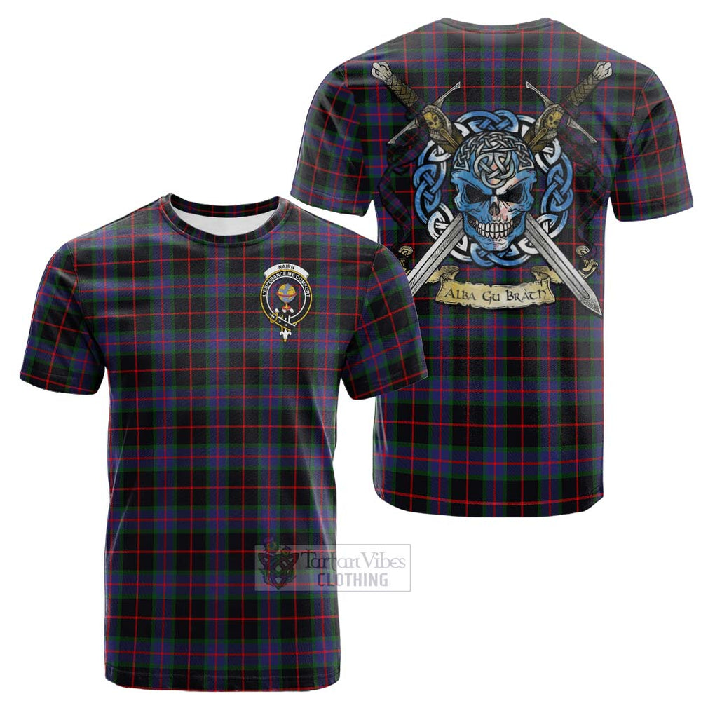 Tartan Vibes Clothing Nairn Tartan Cotton T-shirt with Family Crest Celtic Skull Style