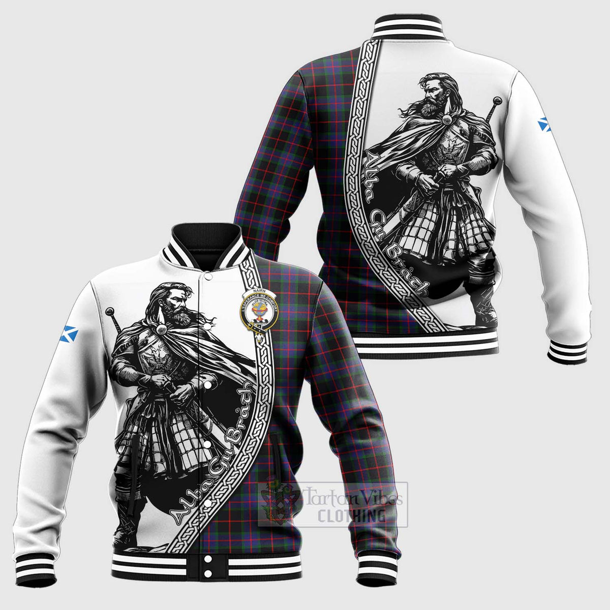 Nairn Tartan Clan Crest Baseball Jacket with Highlander Warrior Celtic Style Unisex - Tartan Vibes Clothing