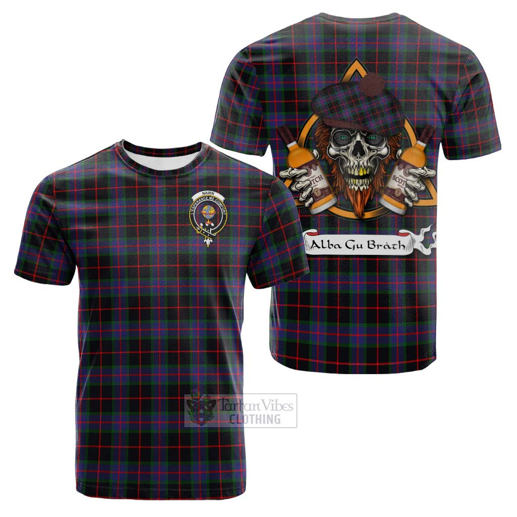 Tartan Vibes Clothing Nairn Tartan Cotton T-shirt with Family Crest and Bearded Skull Holding Bottles of Whiskey