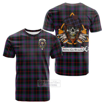 Nairn Tartan Cotton T-shirt with Family Crest and Bearded Skull Holding Bottles of Whiskey