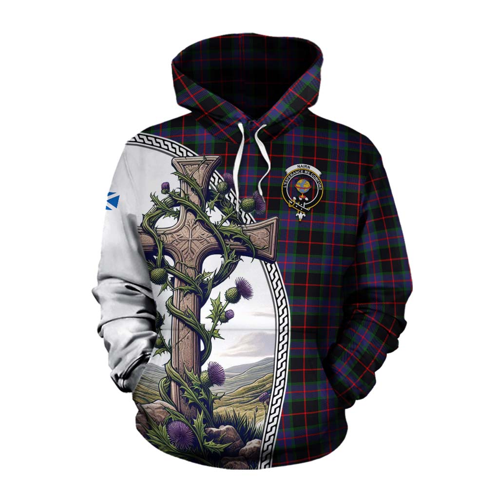 Tartan Vibes Clothing Nairn Tartan Cotton Hoodie with Family Crest and St. Andrew's Cross Accented by Thistle Vines