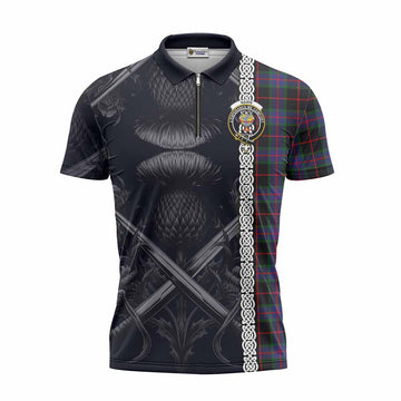 Nairn Tartan Zipper Polo Shirt with Family Crest Cross Sword Thistle Celtic Vibes