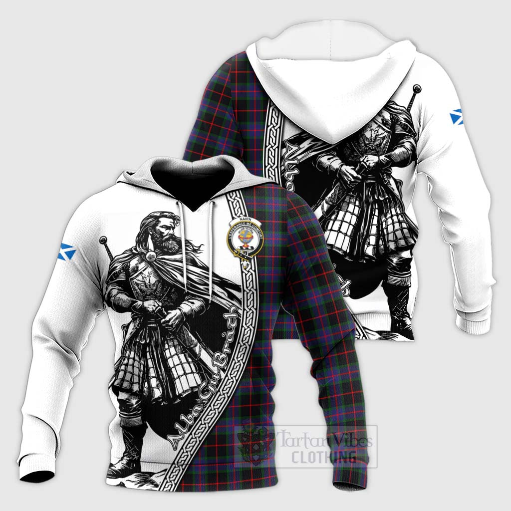 Tartan Vibes Clothing Nairn Tartan Clan Crest Knitted Hoodie with Highlander Warrior Celtic Style