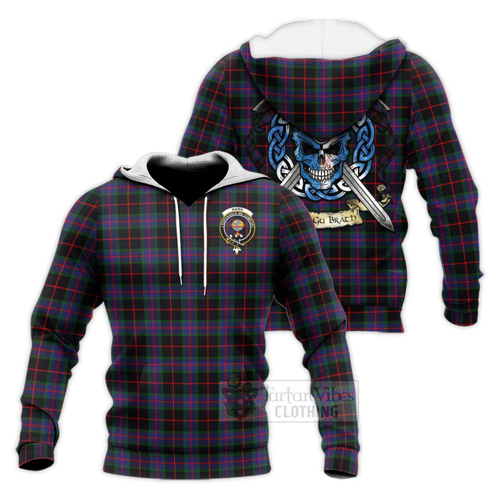 Tartan Vibes Clothing Nairn Tartan Knitted Hoodie with Family Crest Celtic Skull Style