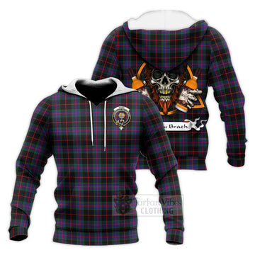 Nairn Tartan Knitted Hoodie with Family Crest and Bearded Skull Holding Bottles of Whiskey