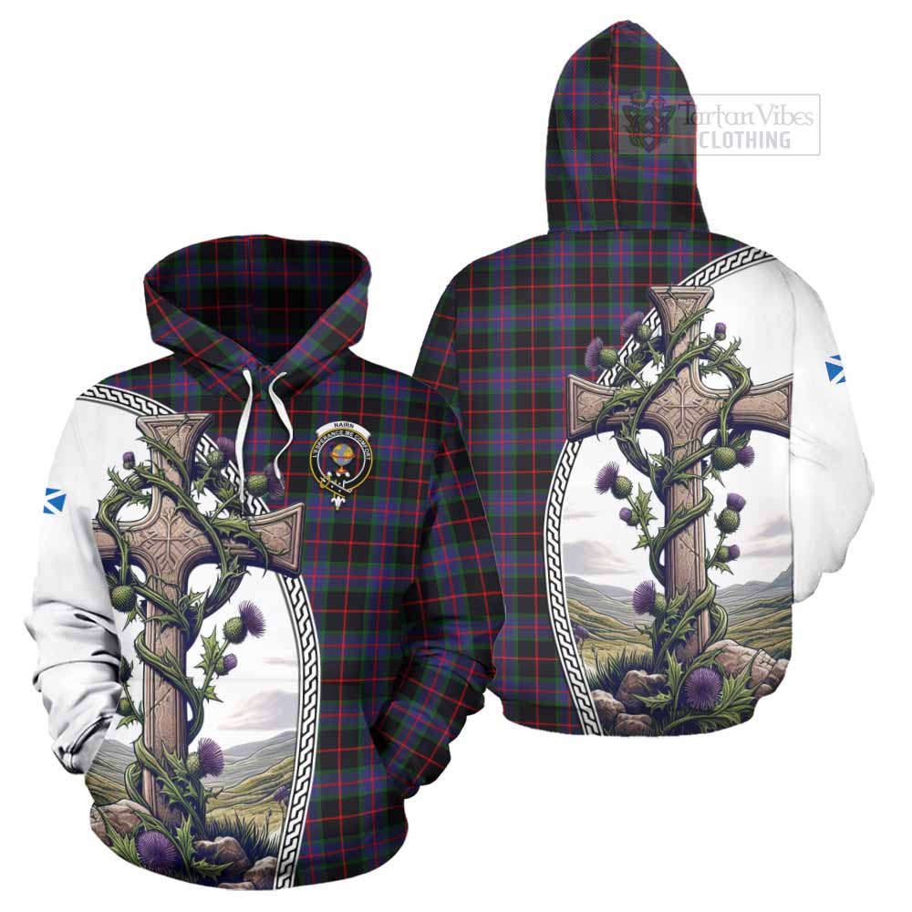 Tartan Vibes Clothing Nairn Tartan Hoodie with Family Crest and St. Andrew's Cross Accented by Thistle Vines