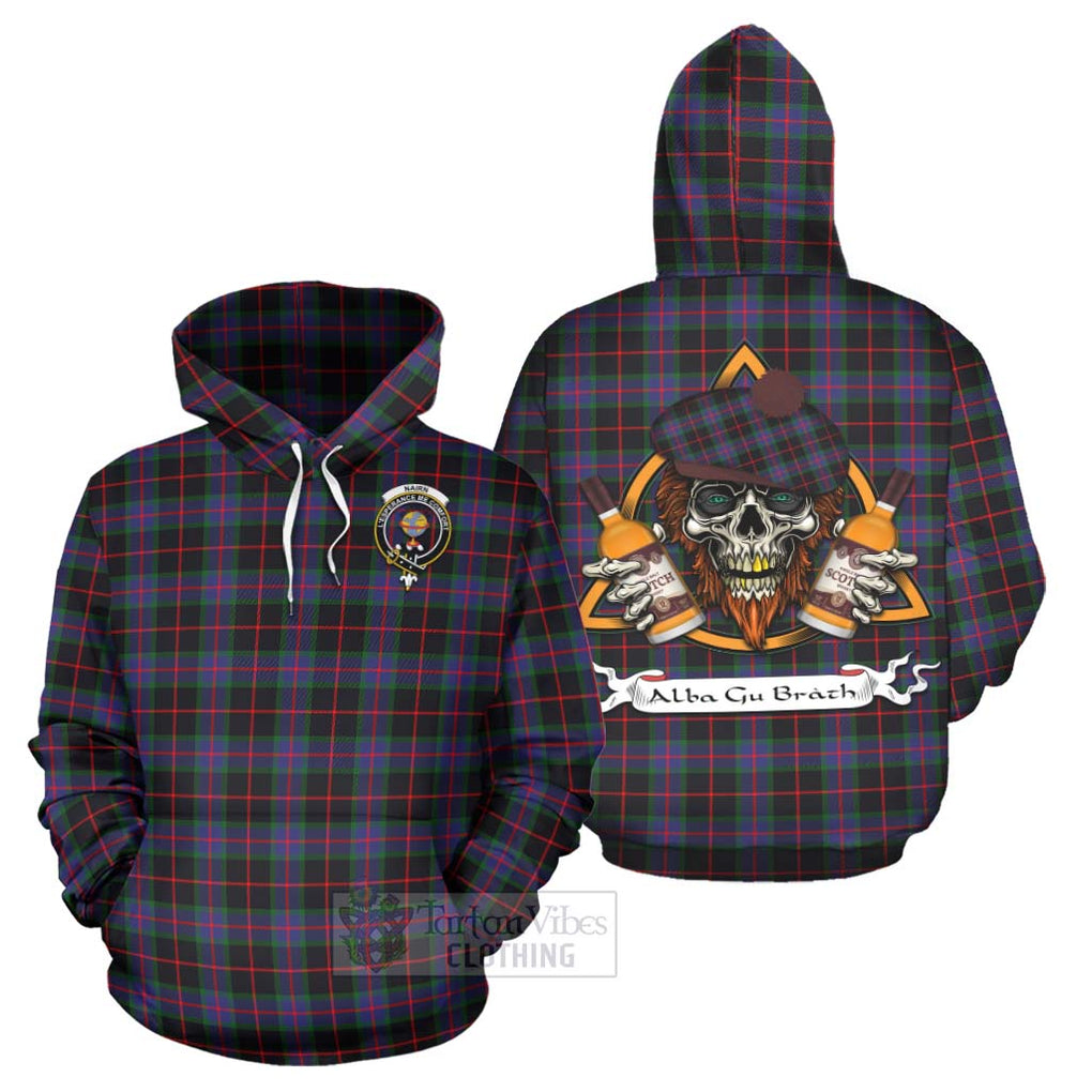 Tartan Vibes Clothing Nairn Tartan Hoodie with Family Crest and Bearded Skull Holding Bottles of Whiskey