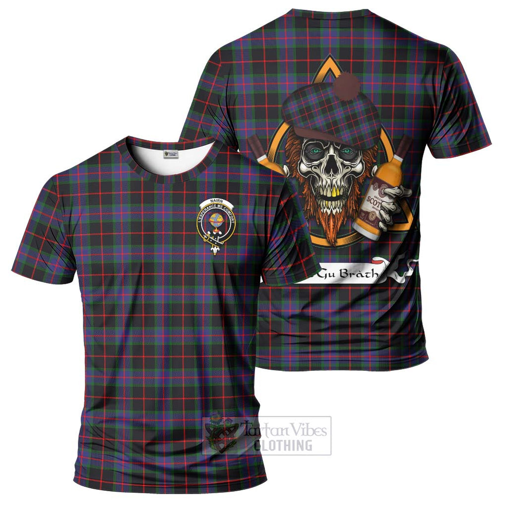 Tartan Vibes Clothing Nairn Tartan T-Shirt with Family Crest and Bearded Skull Holding Bottles of Whiskey