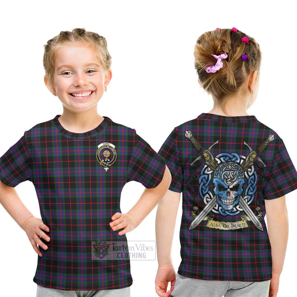 Tartan Vibes Clothing Nairn Tartan Kid T-Shirt with Family Crest Celtic Skull Style