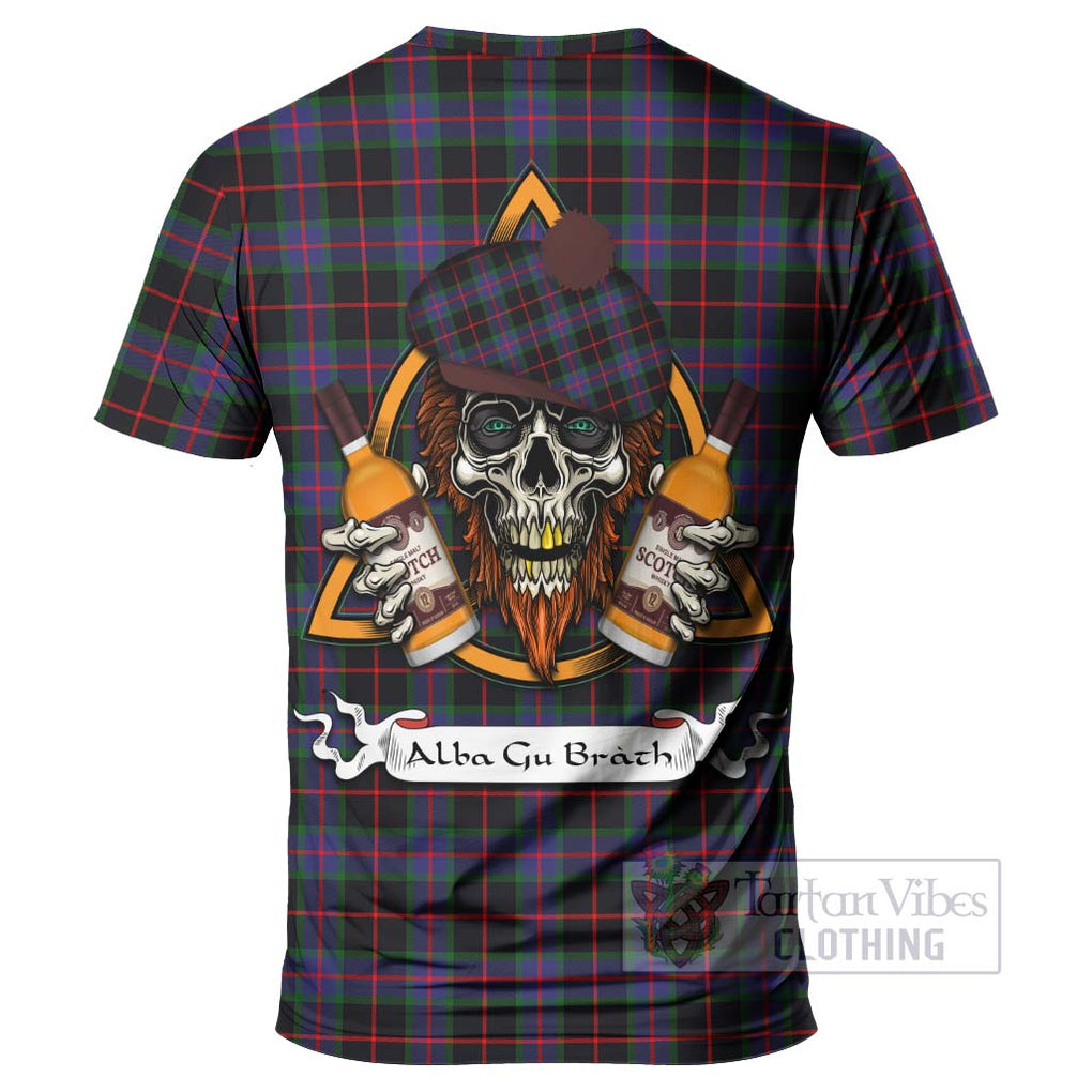 Tartan Vibes Clothing Nairn Tartan T-Shirt with Family Crest and Bearded Skull Holding Bottles of Whiskey