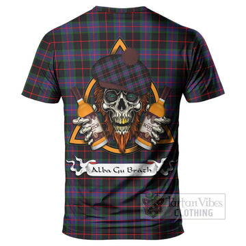 Nairn Tartan T-Shirt with Family Crest and Bearded Skull Holding Bottles of Whiskey