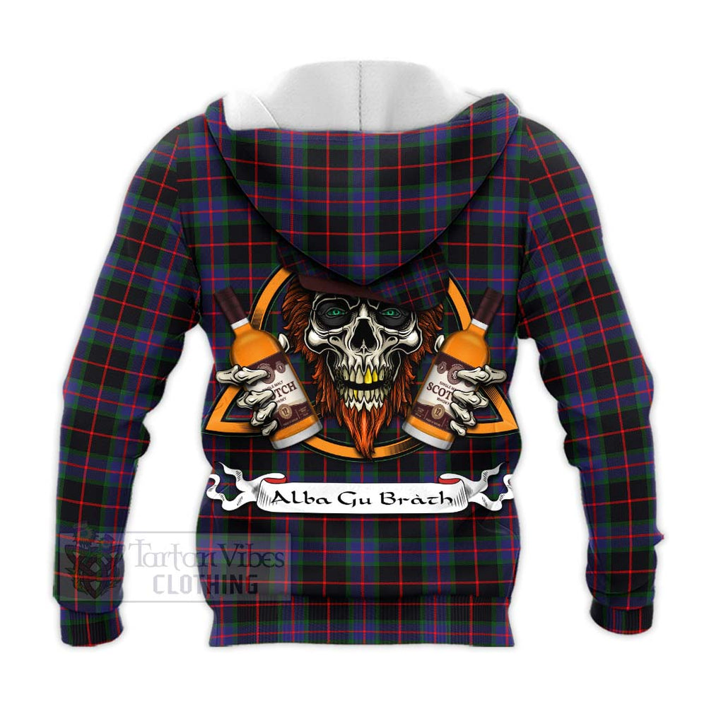 Tartan Vibes Clothing Nairn Tartan Knitted Hoodie with Family Crest and Bearded Skull Holding Bottles of Whiskey