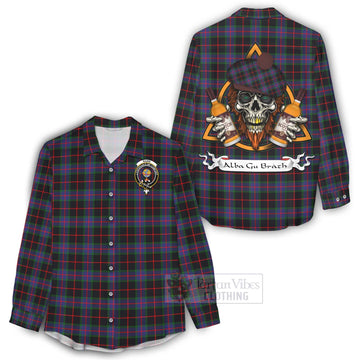 Nairn Tartan Women's Casual Shirt with Family Crest and Bearded Skull Holding Bottles of Whiskey