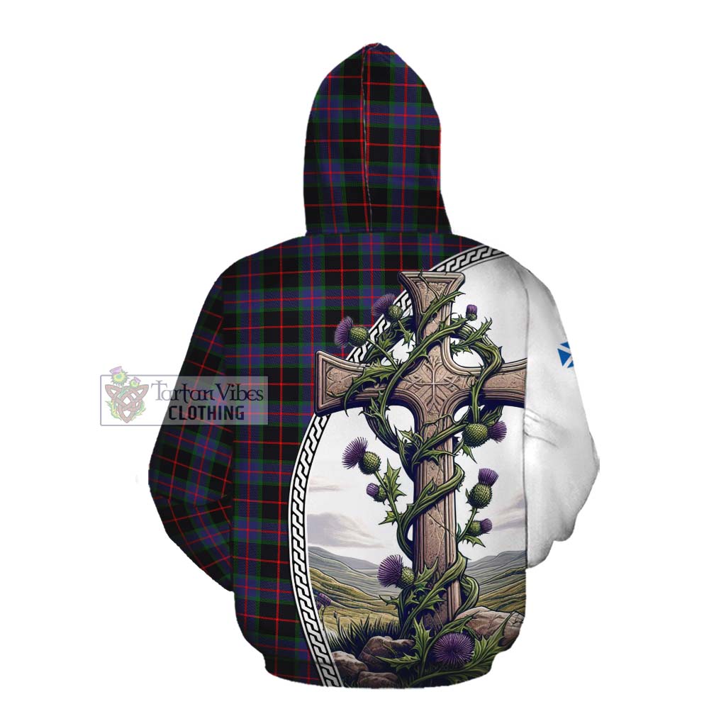 Tartan Vibes Clothing Nairn Tartan Cotton Hoodie with Family Crest and St. Andrew's Cross Accented by Thistle Vines