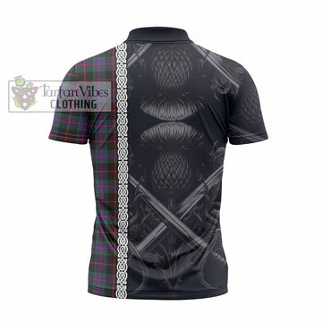 Nairn Tartan Zipper Polo Shirt with Family Crest Cross Sword Thistle Celtic Vibes