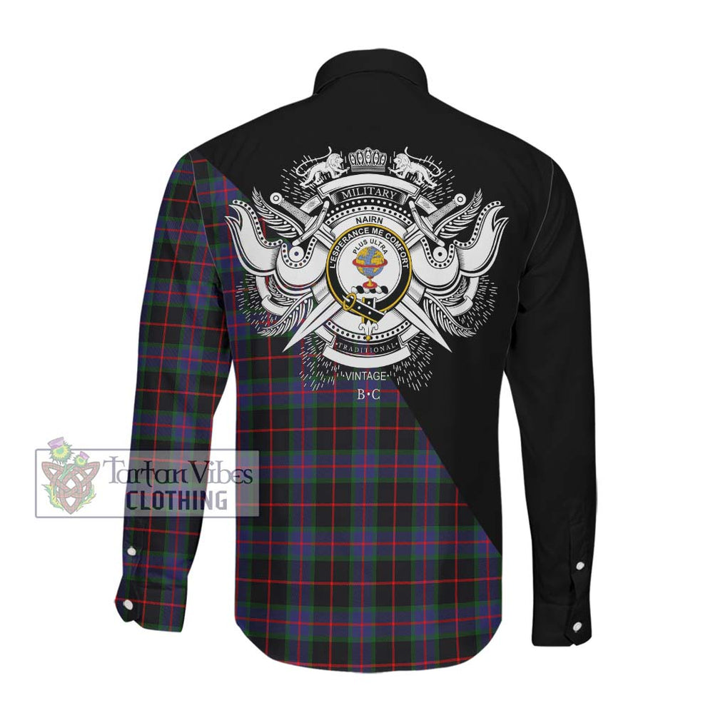 Nairn Tartan Long Sleeve Button Shirt with Family Crest and Military Logo Style Men's Shirt - Tartanvibesclothing Shop