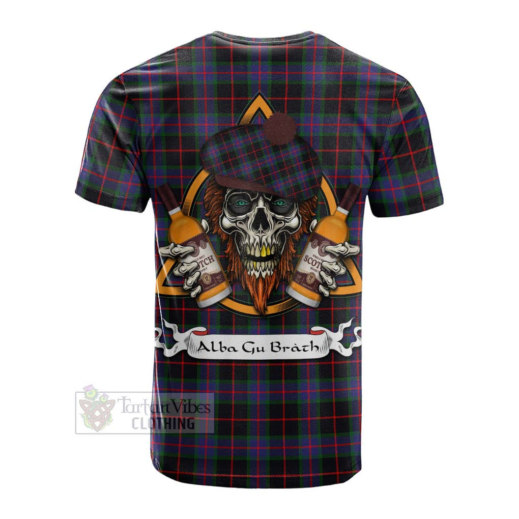 Tartan Vibes Clothing Nairn Tartan Cotton T-shirt with Family Crest and Bearded Skull Holding Bottles of Whiskey