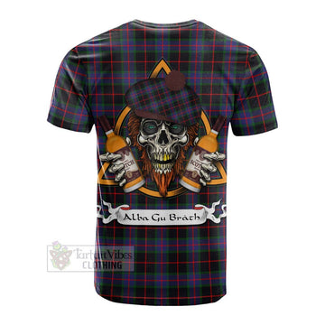 Nairn Tartan Cotton T-shirt with Family Crest and Bearded Skull Holding Bottles of Whiskey