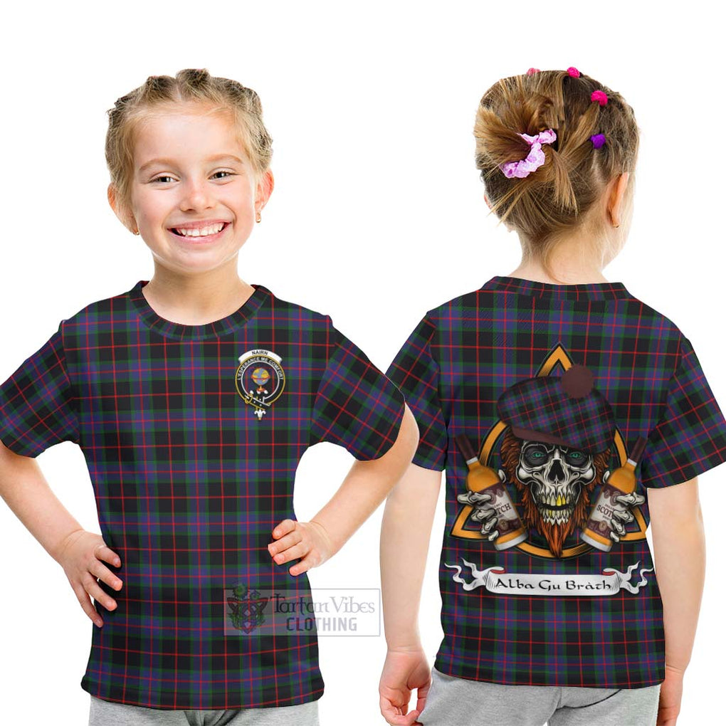 Tartan Vibes Clothing Nairn Tartan Kid T-Shirt with Family Crest and Bearded Skull Holding Bottles of Whiskey