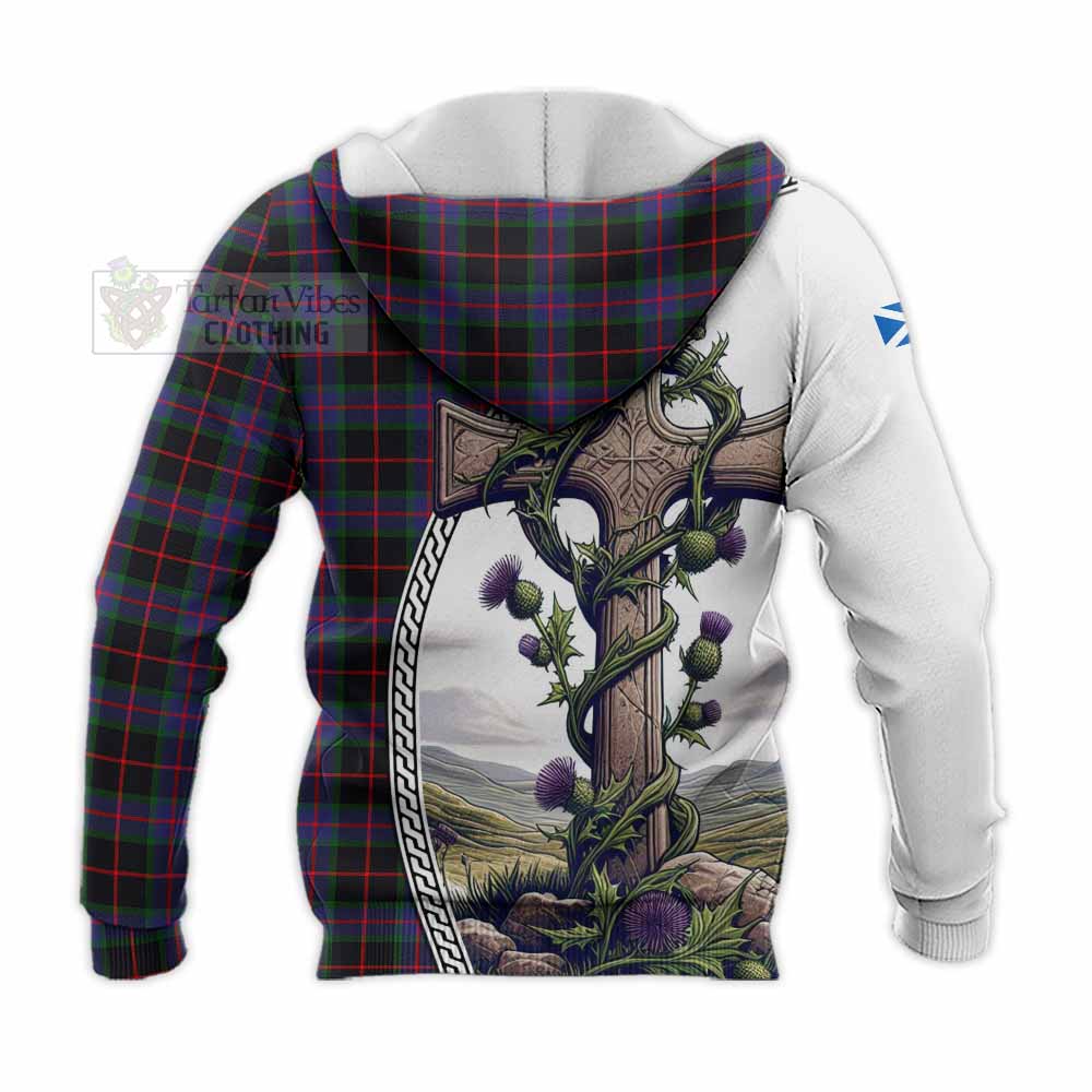 Tartan Vibes Clothing Nairn Tartan Knitted Hoodie with Family Crest and St. Andrew's Cross Accented by Thistle Vines