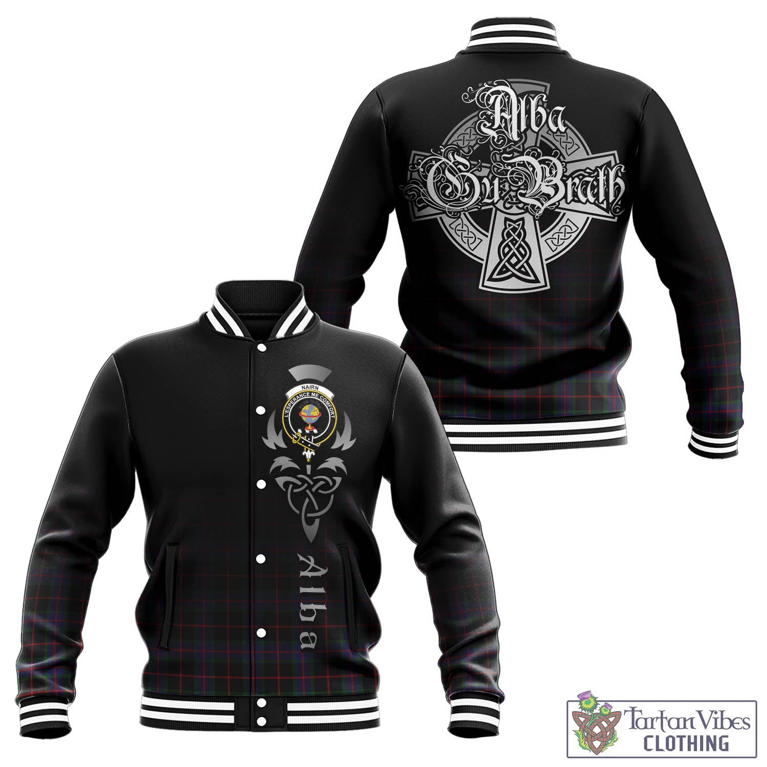 Tartan Vibes Clothing Nairn Tartan Baseball Jacket Featuring Alba Gu Brath Family Crest Celtic Inspired