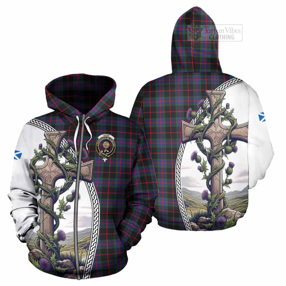 Tartan Vibes Clothing Nairn Tartan Hoodie with Family Crest and St. Andrew's Cross Accented by Thistle Vines