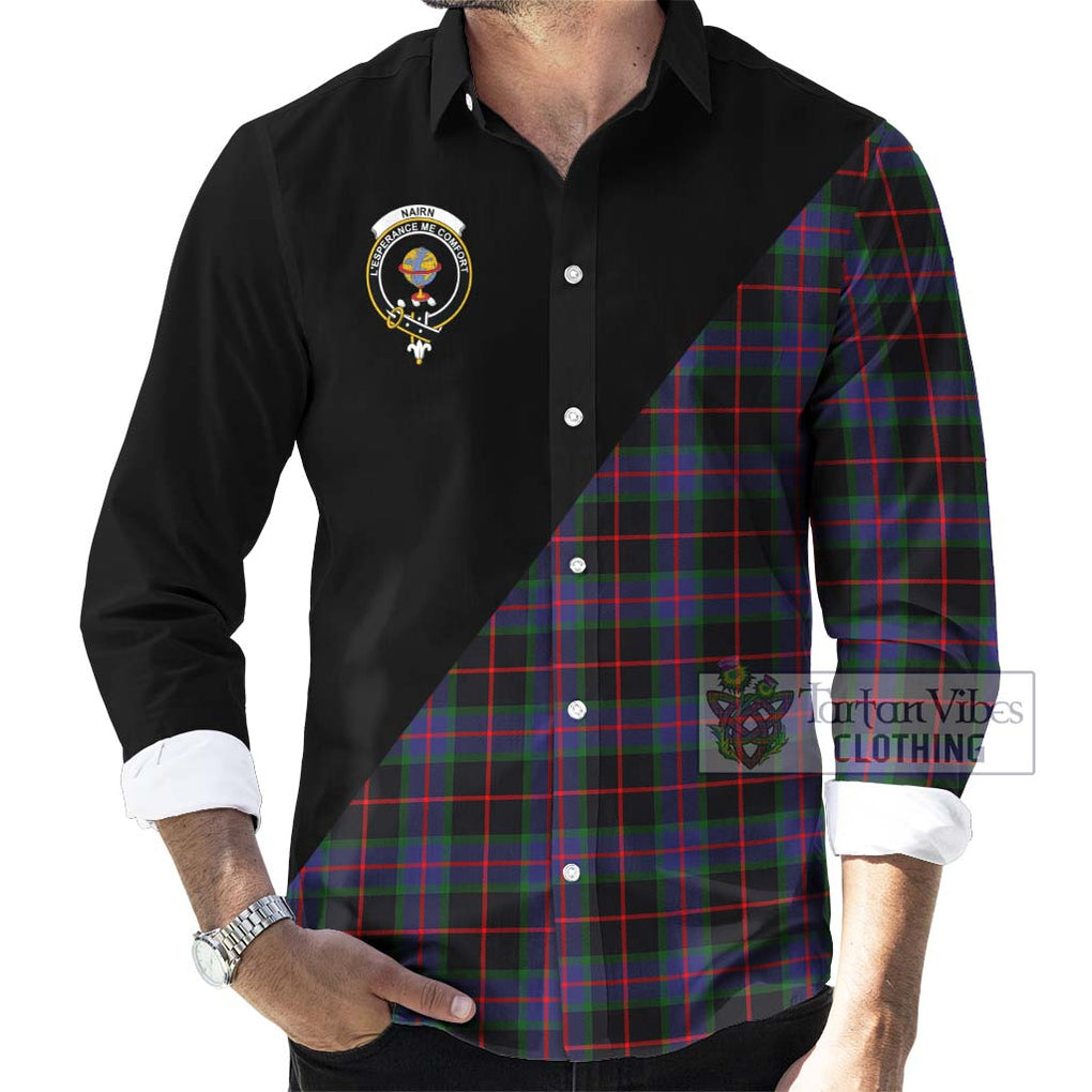 Nairn Tartan Long Sleeve Button Shirt with Family Crest and Military Logo Style - Tartanvibesclothing Shop