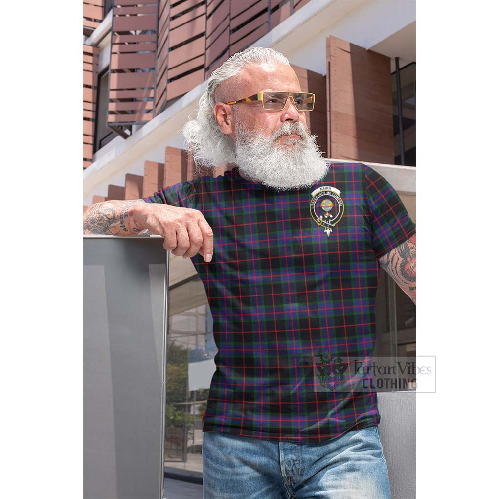 Tartan Vibes Clothing Nairn Tartan Cotton T-shirt with Family Crest and Bearded Skull Holding Bottles of Whiskey