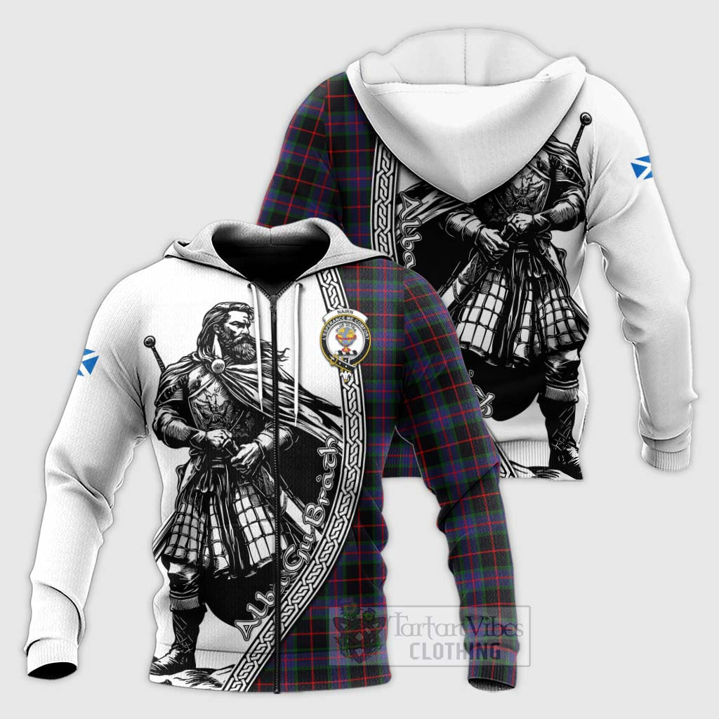 Tartan Vibes Clothing Nairn Tartan Clan Crest Knitted Hoodie with Highlander Warrior Celtic Style