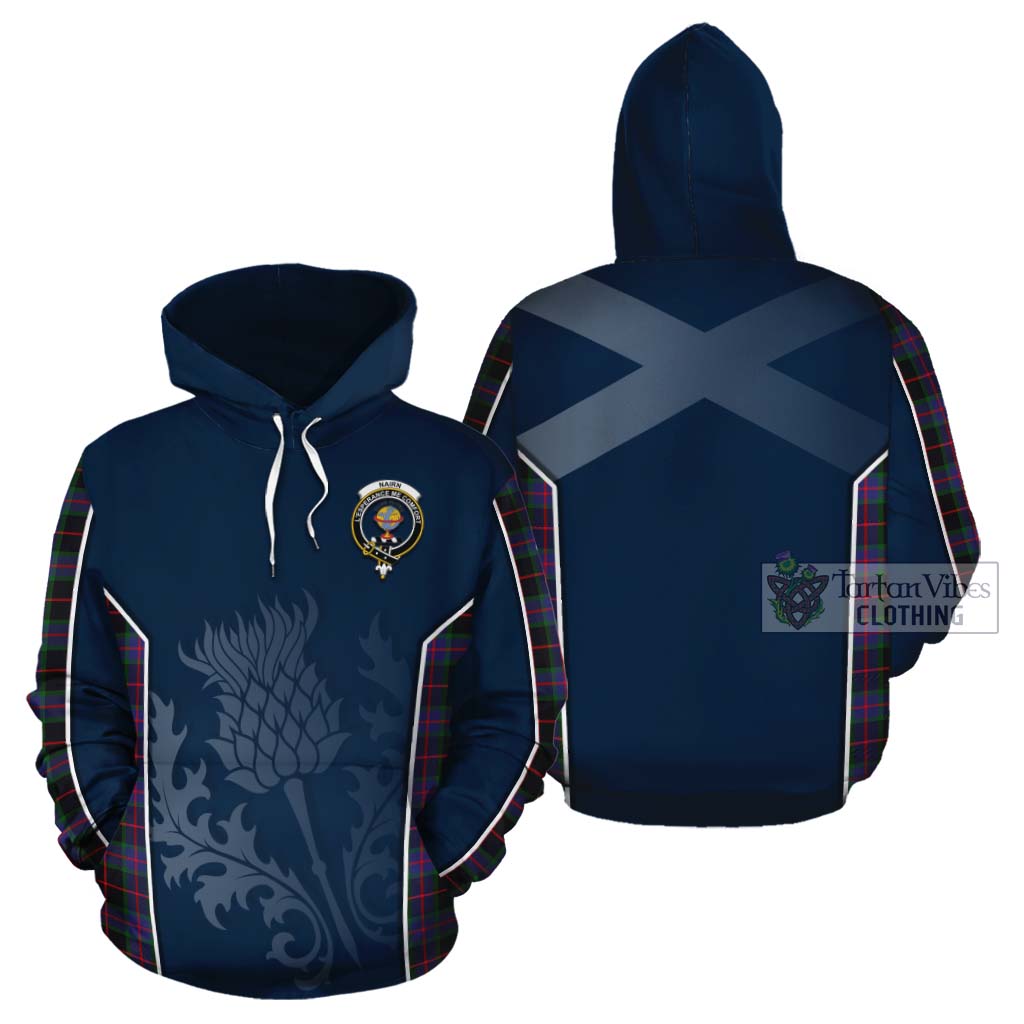 Tartan Vibes Clothing Nairn Tartan Cotton Hoodie with Family Crest and Scottish Thistle Vibes Sport Style