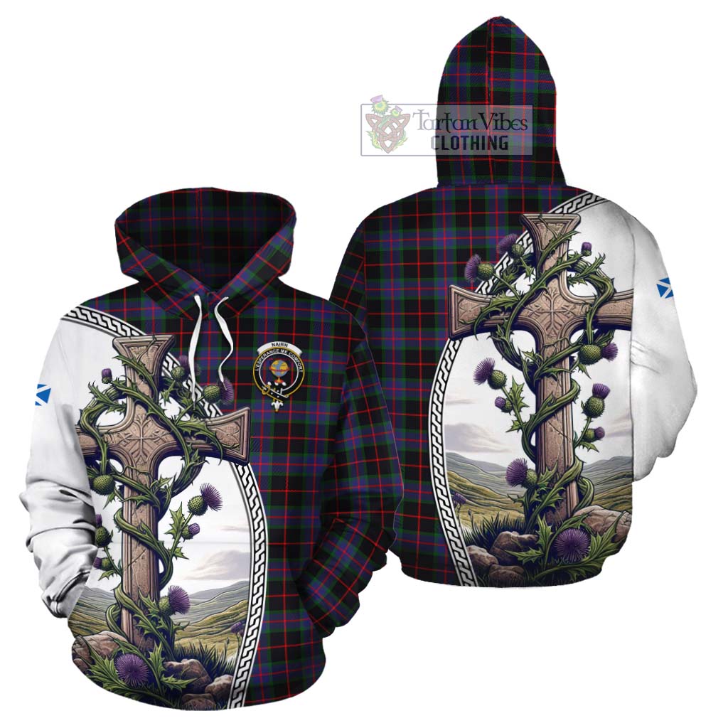 Tartan Vibes Clothing Nairn Tartan Cotton Hoodie with Family Crest and St. Andrew's Cross Accented by Thistle Vines