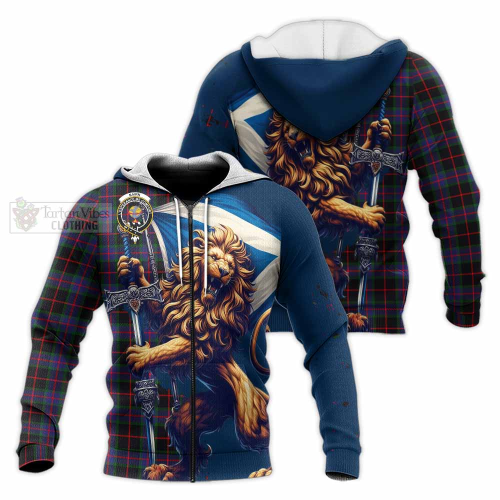 Tartan Vibes Clothing Nairn Tartan Family Crest Knitted Hoodie with Scottish Majestic Lion