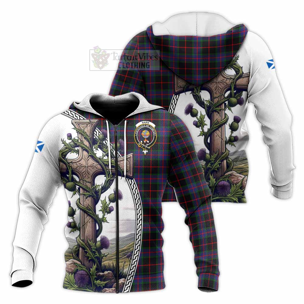 Tartan Vibes Clothing Nairn Tartan Knitted Hoodie with Family Crest and St. Andrew's Cross Accented by Thistle Vines