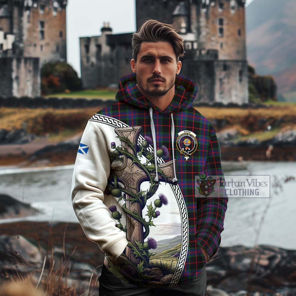 Tartan Vibes Clothing Nairn Tartan Cotton Hoodie with Family Crest and St. Andrew's Cross Accented by Thistle Vines