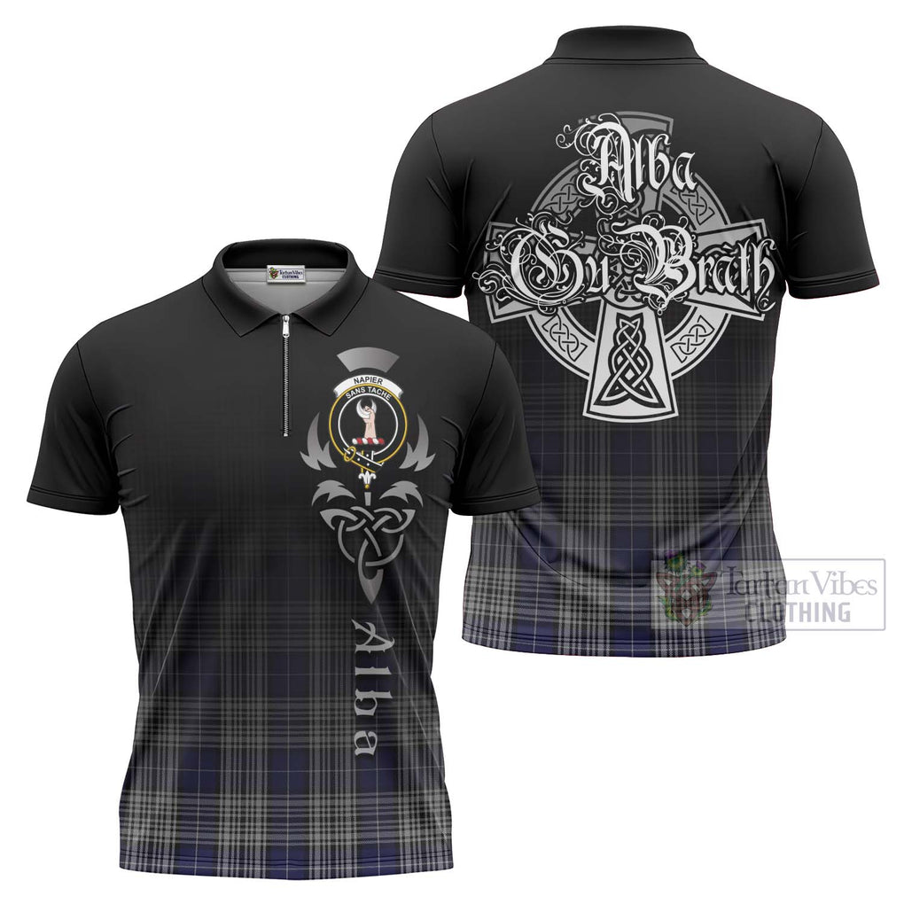 Tartan Vibes Clothing Napier Tartan Zipper Polo Shirt Featuring Alba Gu Brath Family Crest Celtic Inspired