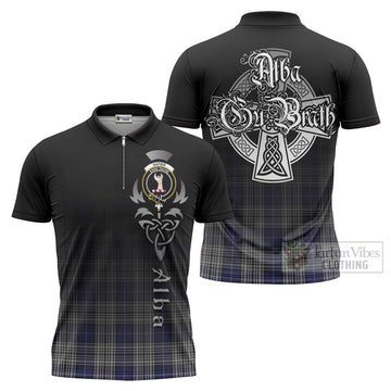 Napier Tartan Zipper Polo Shirt Featuring Alba Gu Brath Family Crest Celtic Inspired