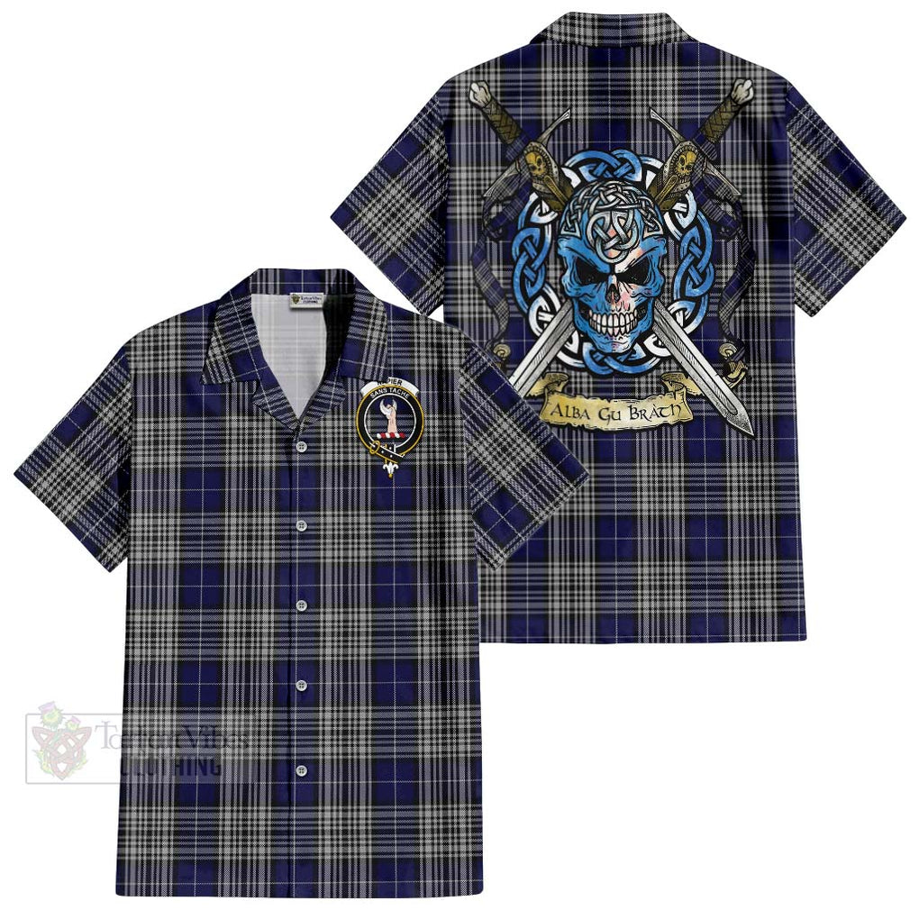 Tartan Vibes Clothing Napier Tartan Short Sleeve Button Shirt with Family Crest Celtic Skull Style