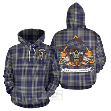 Napier Tartan Hoodie with Family Crest and Bearded Skull Holding Bottles of Whiskey