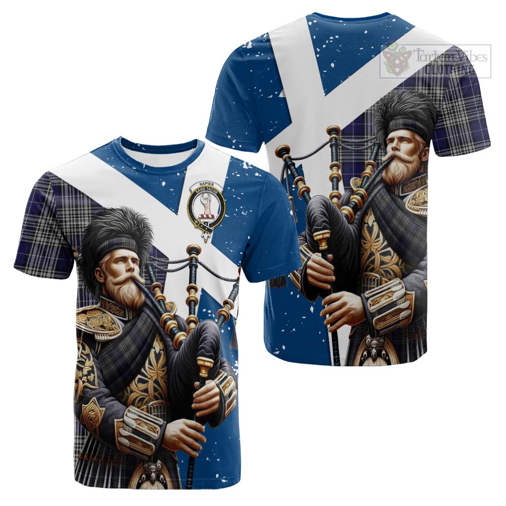 Tartan Vibes Clothing Napier Tartan Cotton T-shirt with Family Crest Scottish Bagpiper Vibes