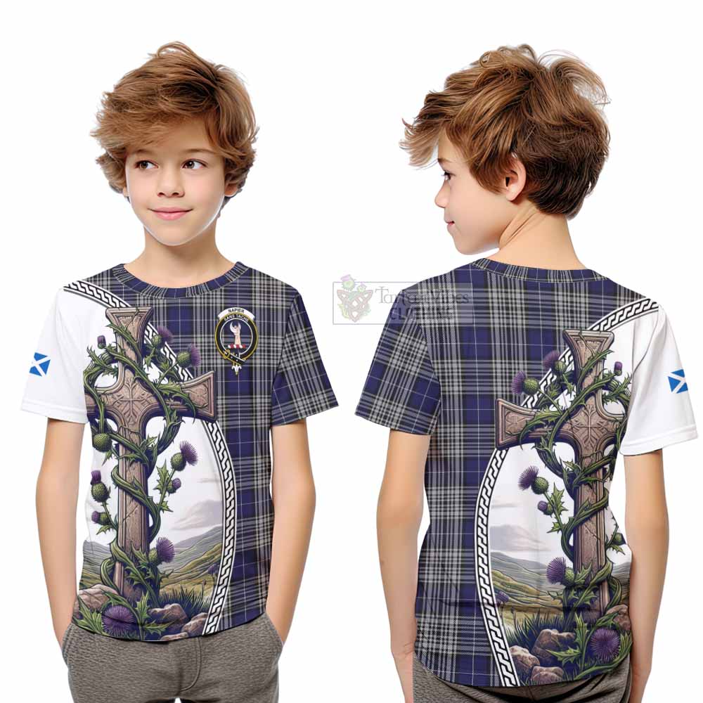 Tartan Vibes Clothing Napier Tartan Kid T-Shirt with Family Crest and St. Andrew's Cross Accented by Thistle Vines