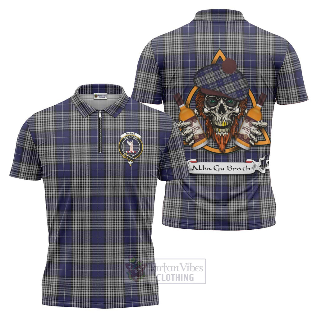 Tartan Vibes Clothing Napier Tartan Zipper Polo Shirt with Family Crest and Bearded Skull Holding Bottles of Whiskey